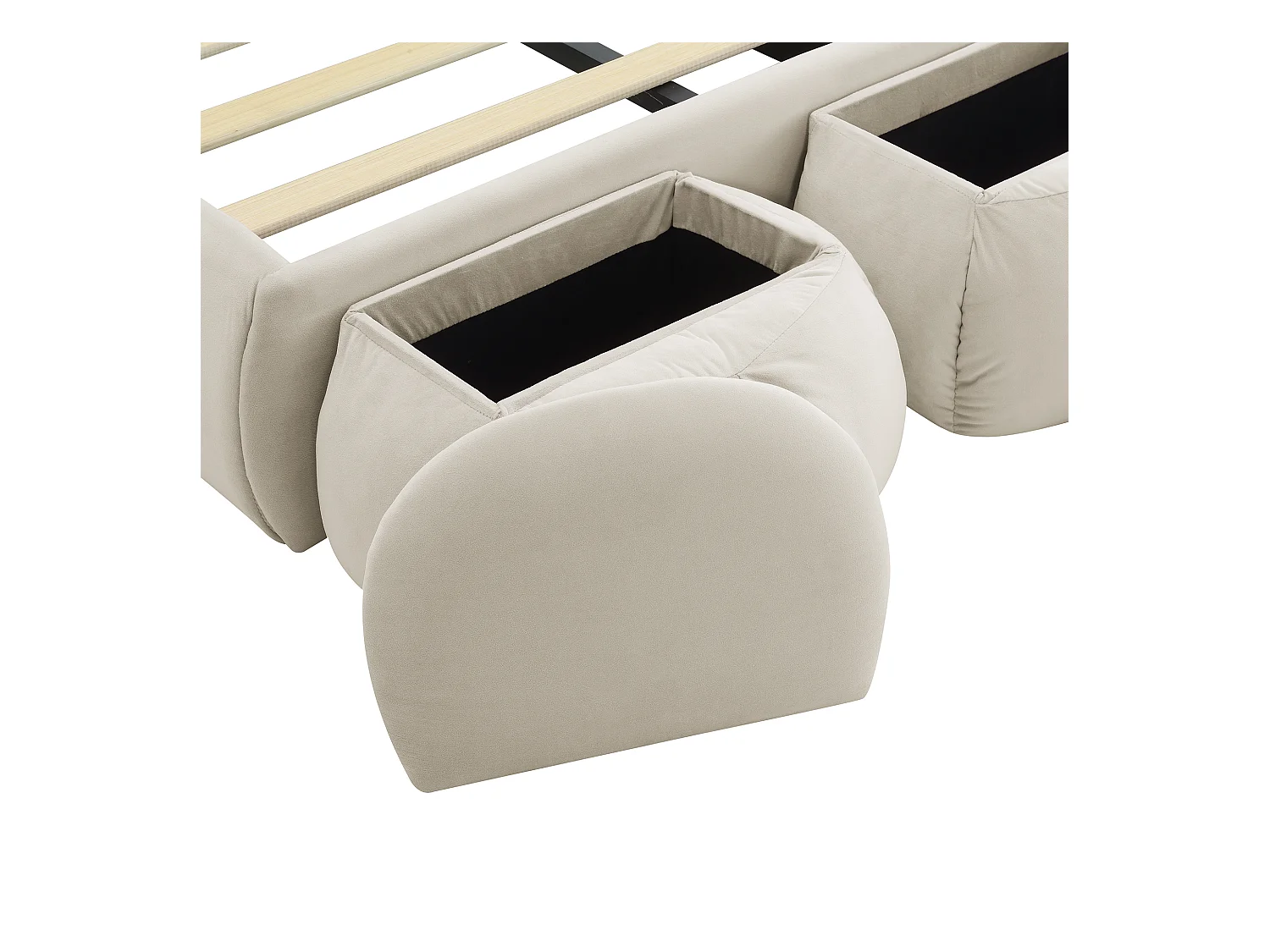 Cama individual 90x200 cm - Cama infantil con dos bancos con almacenaje y banda de luz cálida - terciopelo beige - sin colchón