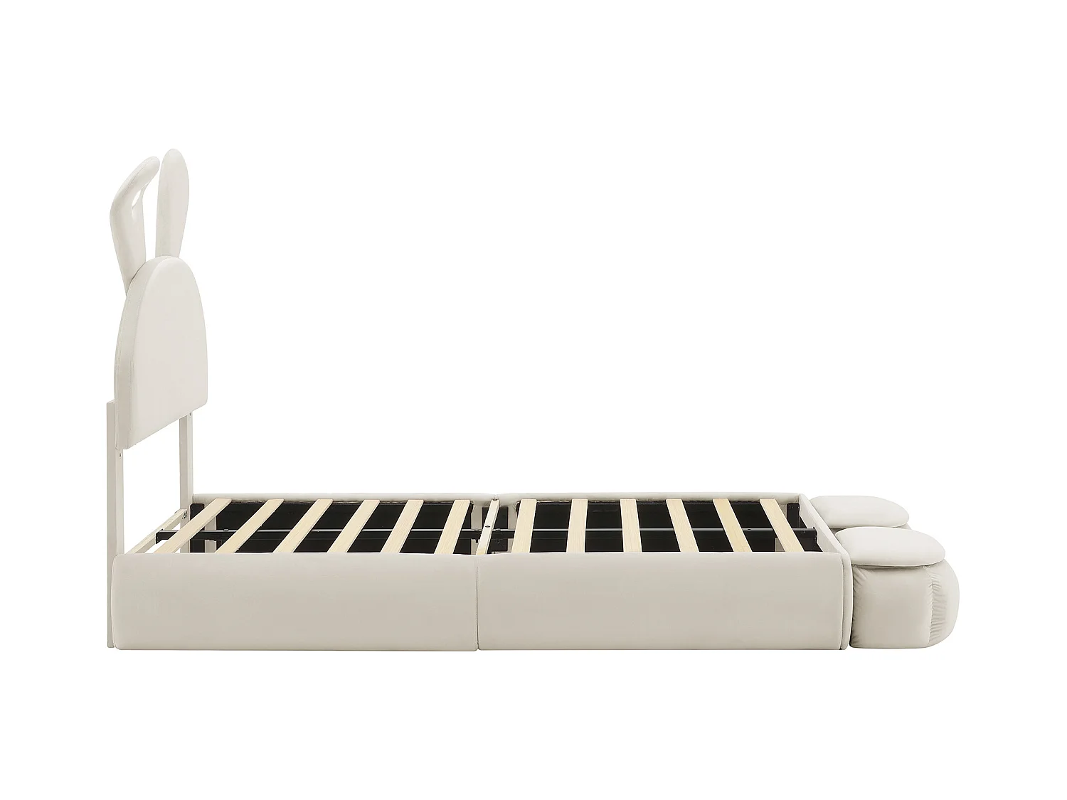 Cama individual 90x200 cm - Cama infantil con dos bancos con almacenaje y banda de luz cálida - terciopelo beige - sin colchón