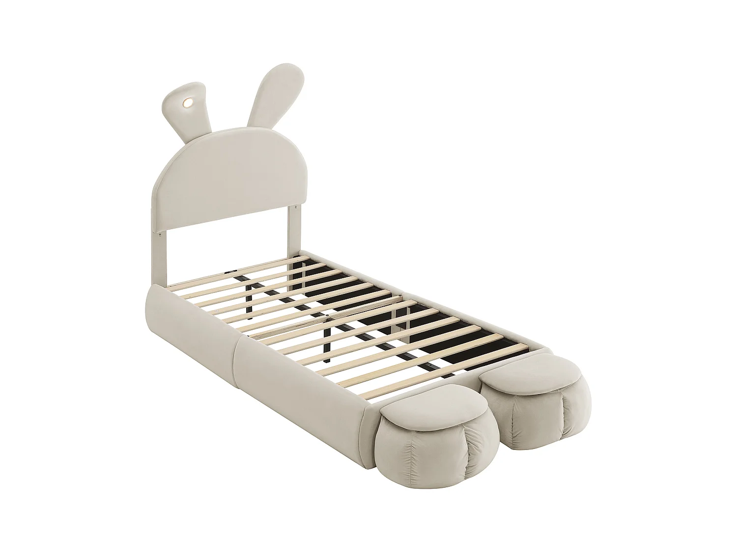 Cama individual 90x200 cm - Cama infantil con dos bancos con almacenaje y banda de luz cálida - terciopelo beige - sin colchón