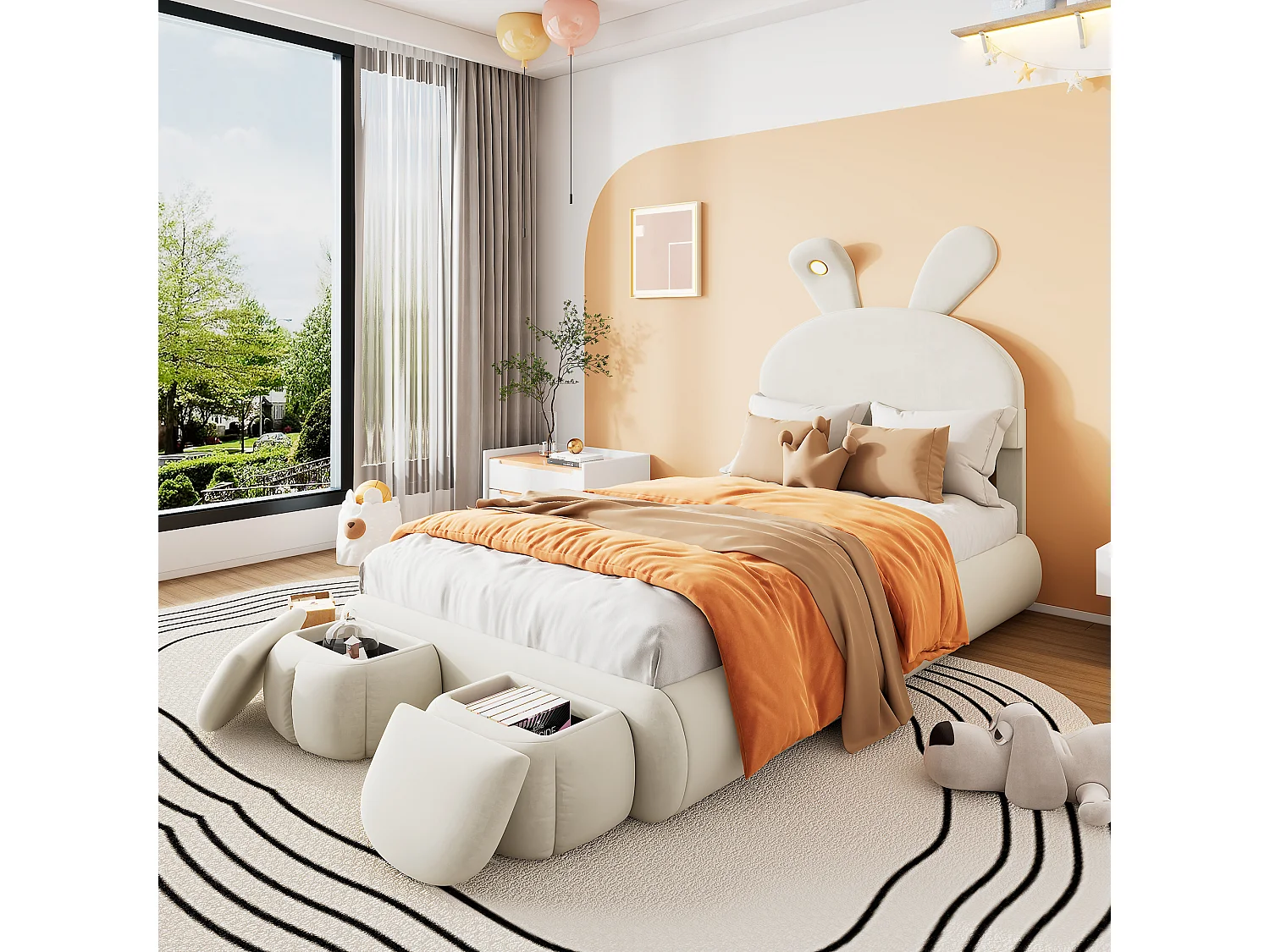 Cama individual 90x200 cm - Cama infantil con dos bancos con almacenaje y banda de luz cálida - terciopelo beige - sin colchón