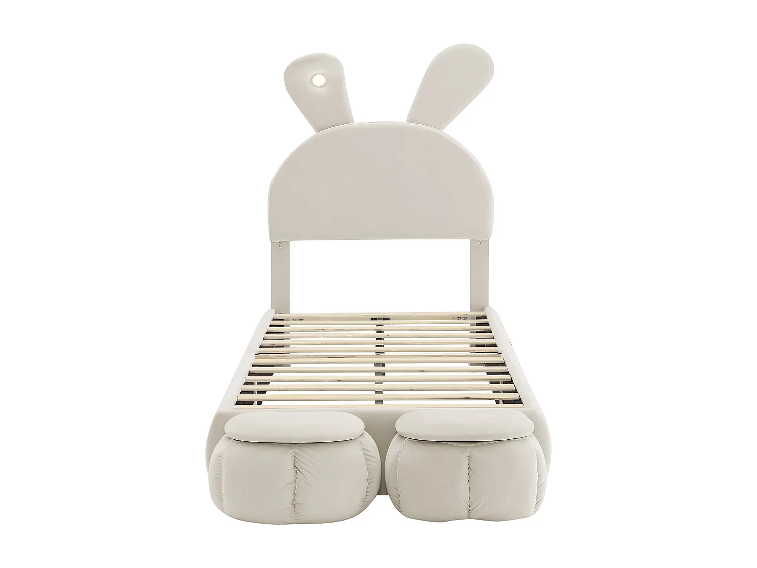 Cama individual 90x200 cm - Cama infantil con dos bancos con almacenaje y banda de luz cálida - terciopelo beige - sin colchón