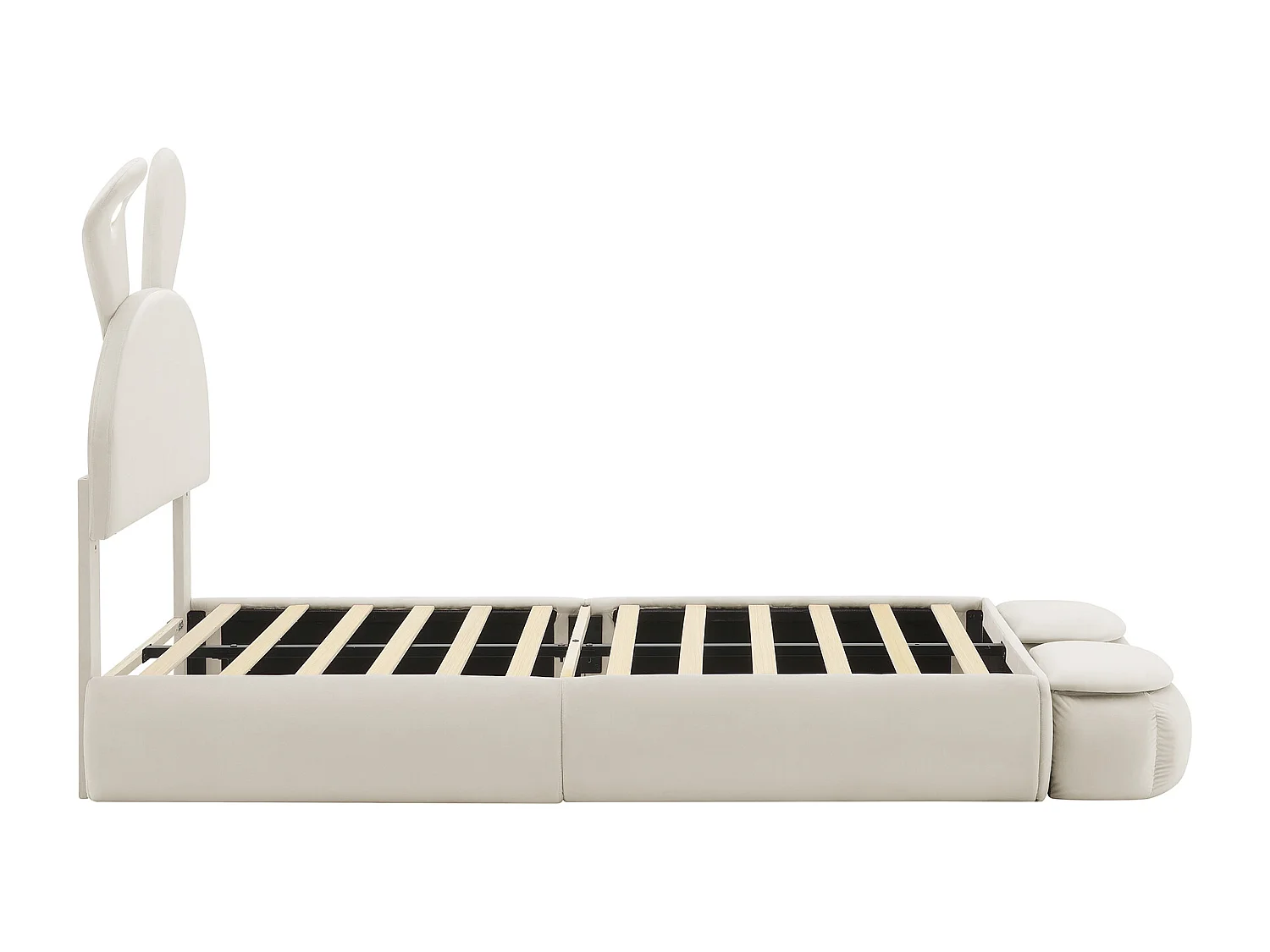 Cama individual 90x200 cm - Cama infantil con dos bancos con almacenaje y banda de luz cálida - terciopelo beige - sin colchón