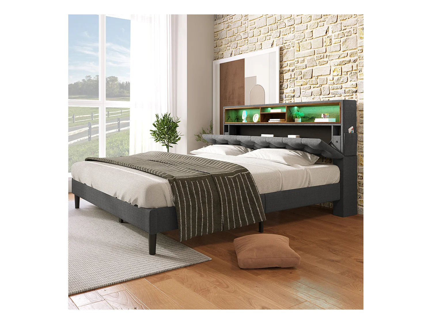 Łóżko dla dorosłych 140 x 200 cm – łóżko podwójne z zagłówkiem z funkcją ładowania USB i schowkiem – szare – bez materaca
