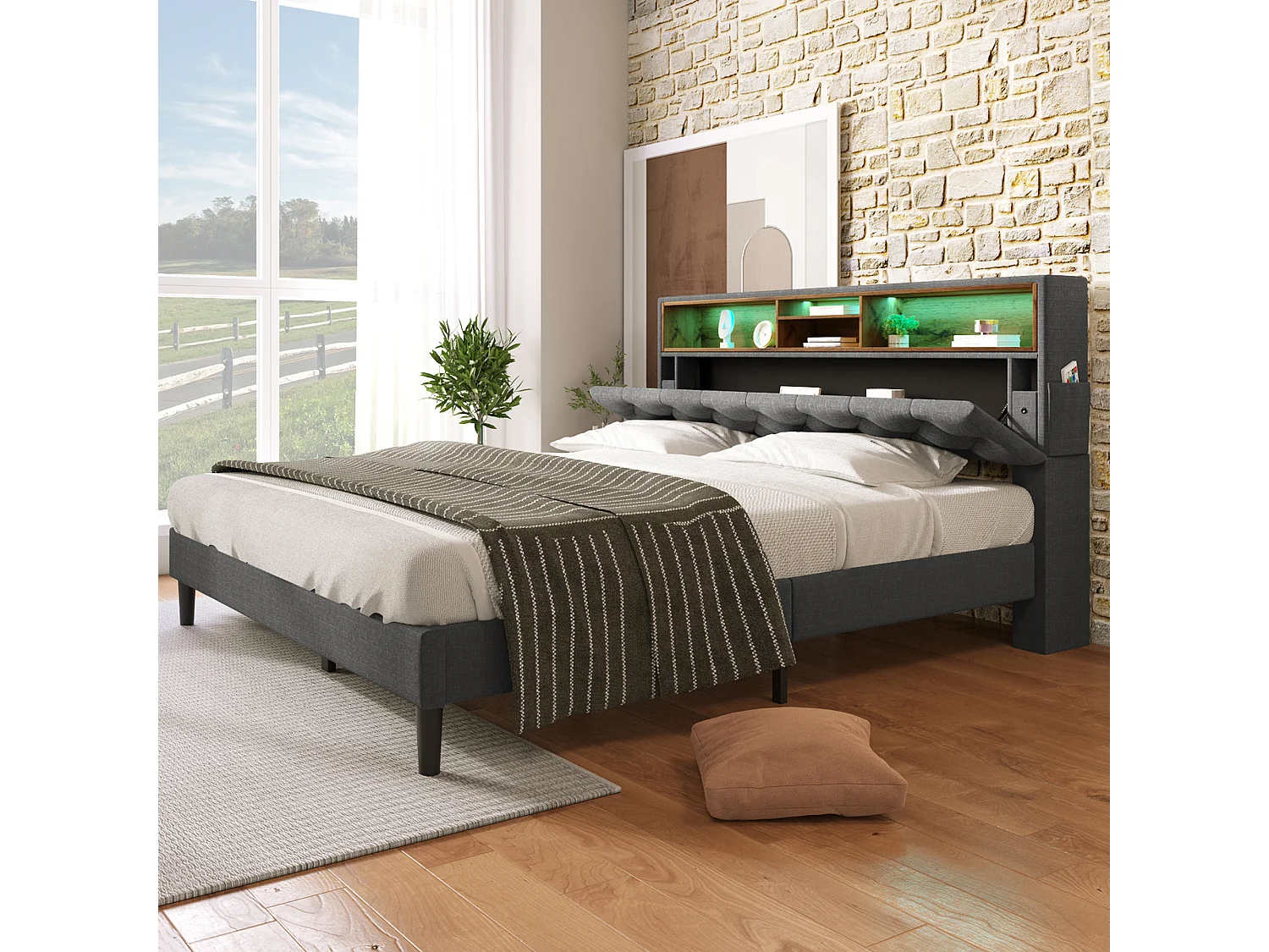 Erwachsenenbett 140x200 cm - Doppelbett mit USB-Ladekopfteil und Stauraum - grau - ohne matratze