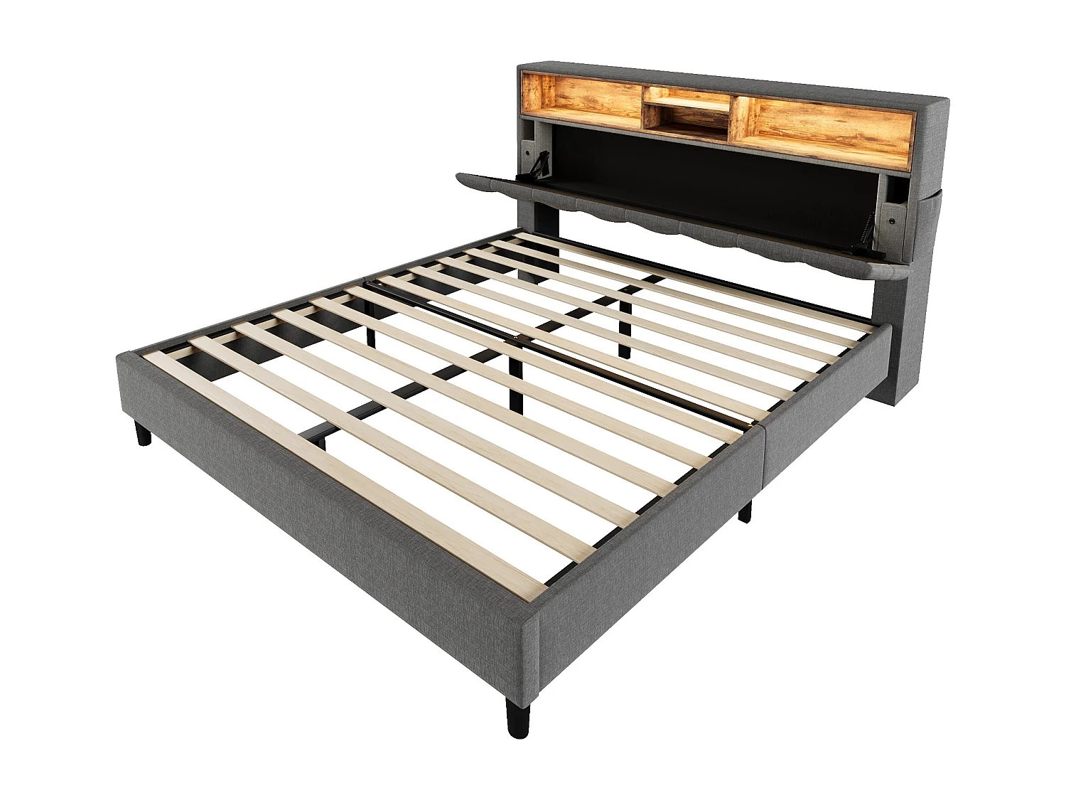 Erwachsenenbett 140x200 cm - Doppelbett mit USB-Ladekopfteil und Stauraum - grau - ohne matratze