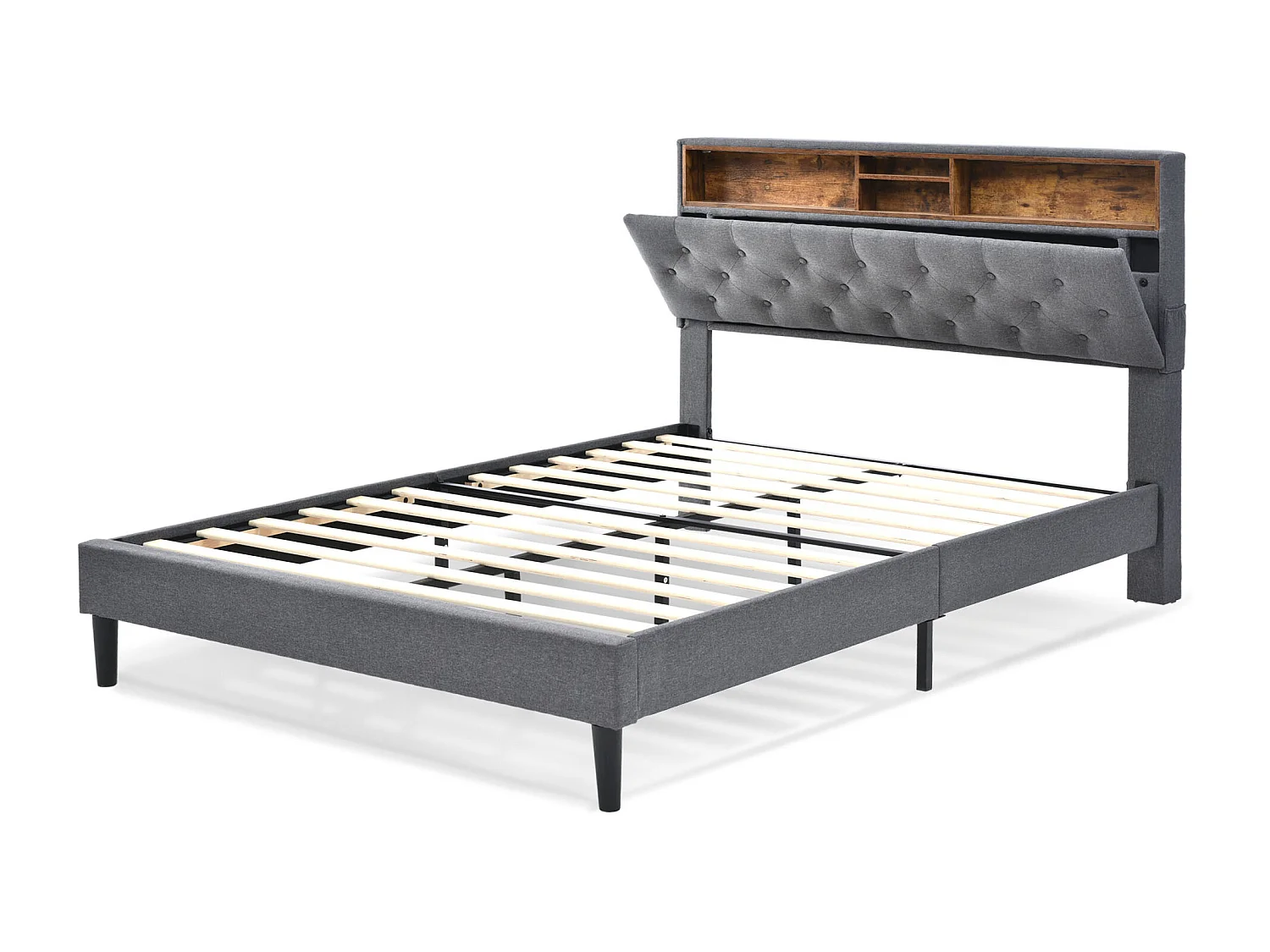 Erwachsenenbett 140x200 cm - Doppelbett mit USB-Ladekopfteil und Stauraum - grau - ohne matratze