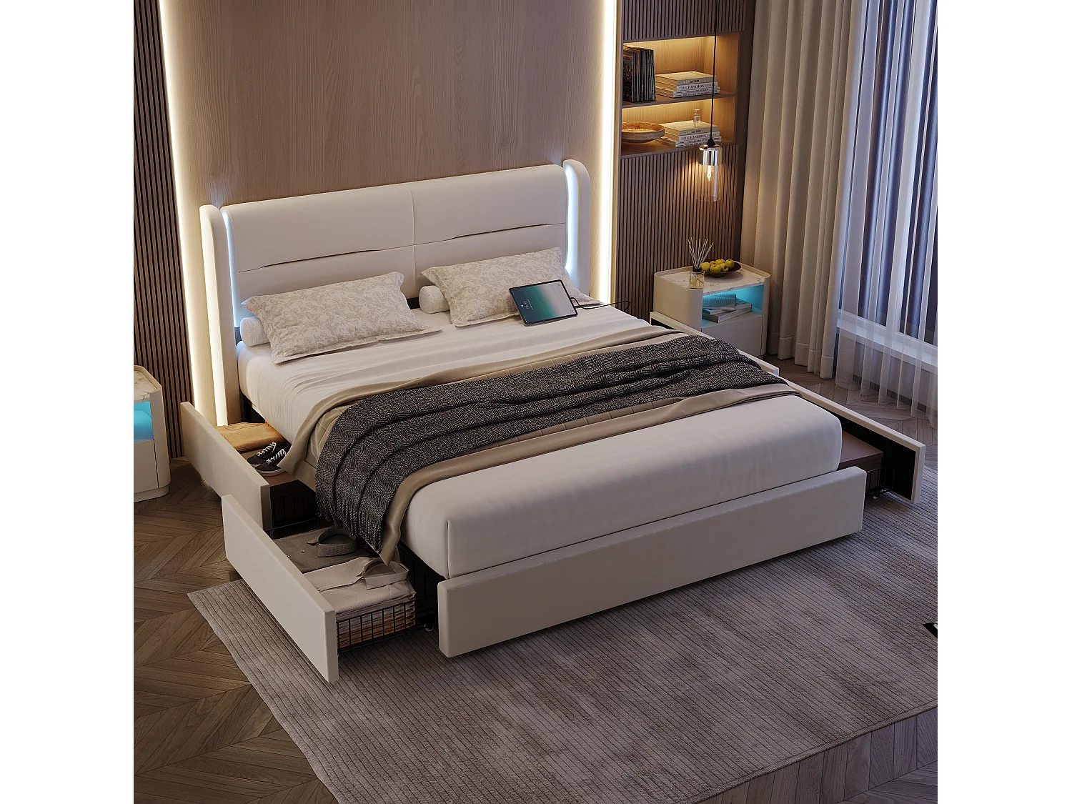 Lit adulte 160x200 cm - Lit double avec USB et éclairage LED - 4 tiroirs - velours beige - sans matelas