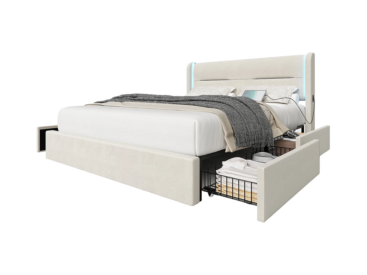 Lit adulte 160x200 cm - Lit double avec USB et éclairage LED - 4 tiroirs - velours beige - sans matelas