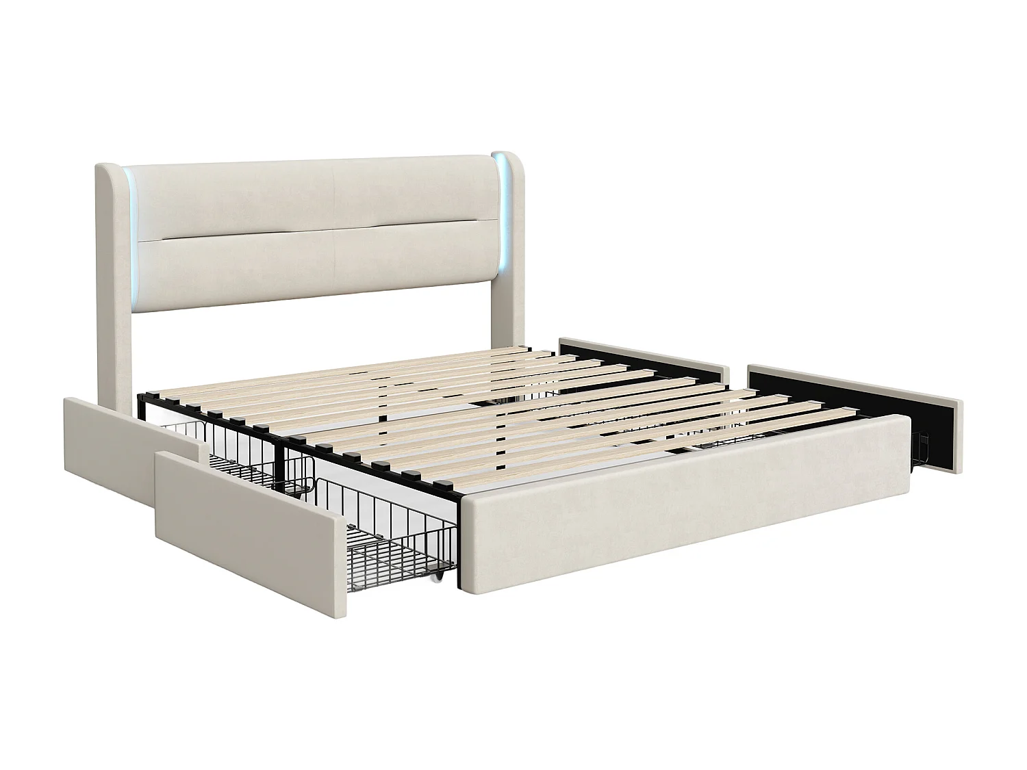Lit adulte 160x200 cm - Lit double avec USB et éclairage LED - 4 tiroirs - velours beige - sans matelas