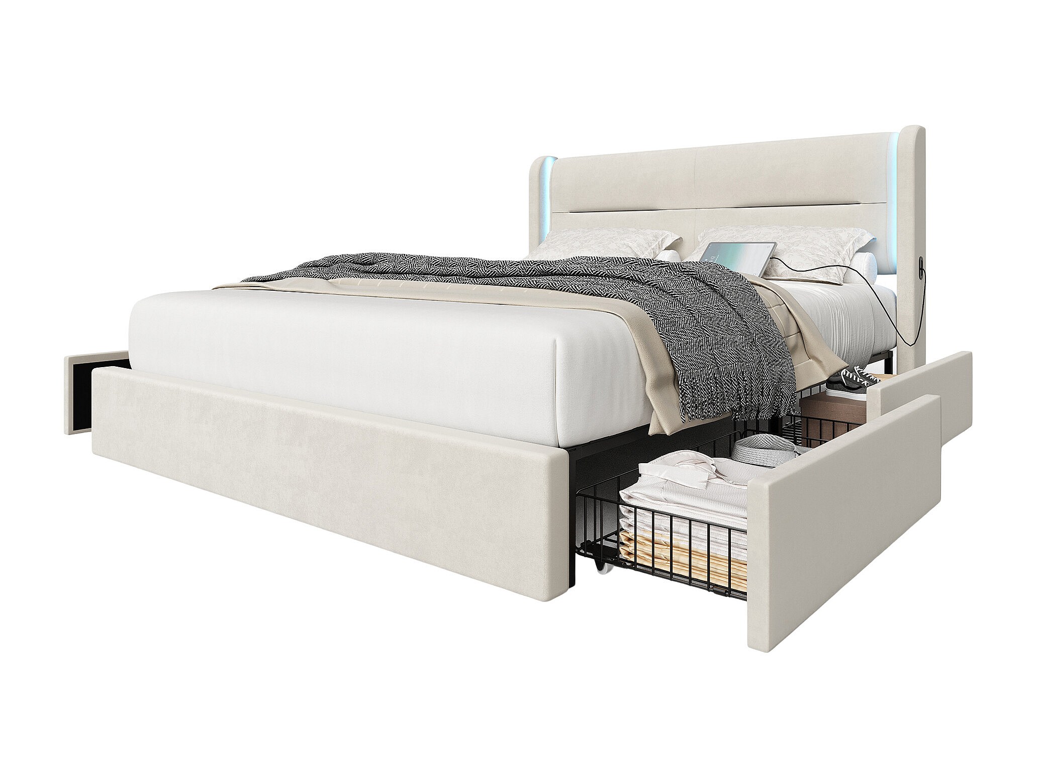 Cadre Lit Double 160x200 Avec LED, Ports USB, 4 Tiroirs – Tête De Lit Rangement, Lin Gris, Facile à Monter