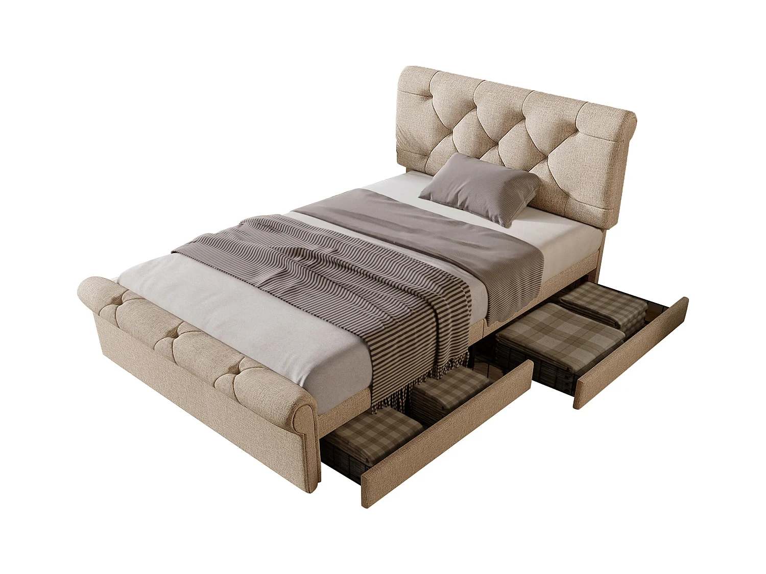 Łóżko dziecięce 90x200 cm - Łóżko pojedyncze z 2 szufladami i regulowanym zagłówkiem - kolor naturalny - bez materaca