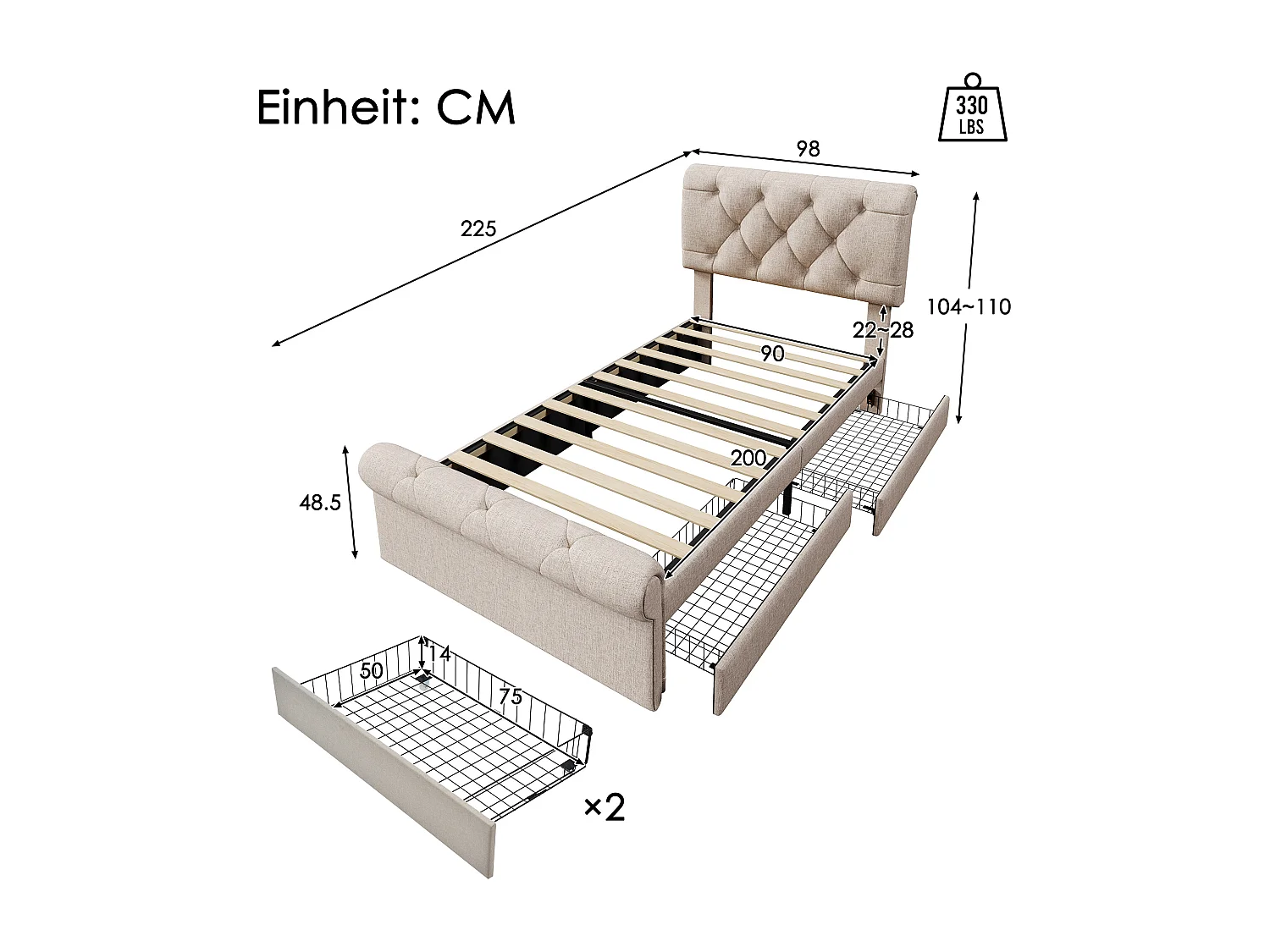 Letto singolo 90x200 cm - Struttura letto con 2 cassetti e testiera regolabile in altezza - naturale - senza materasso