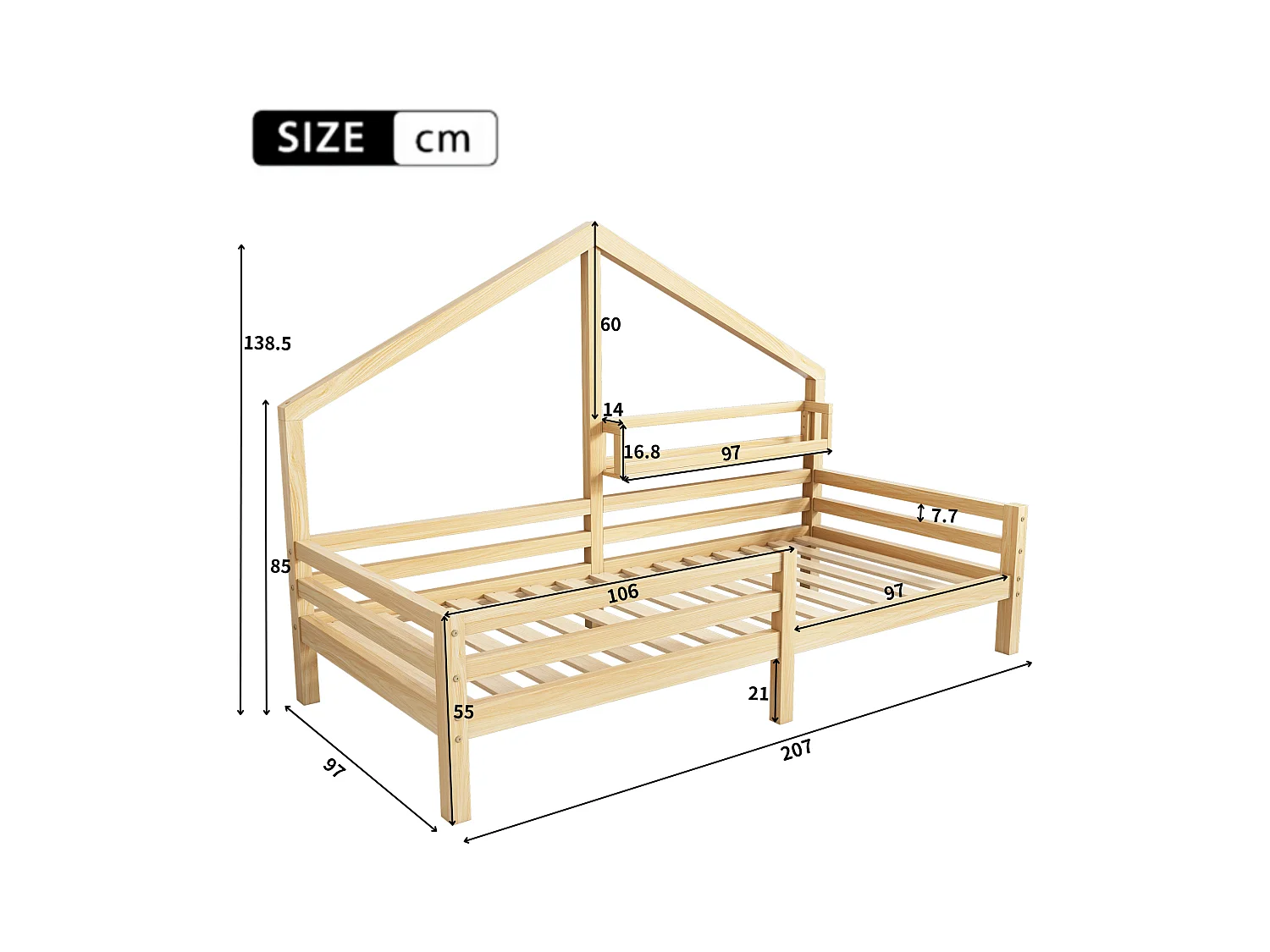 Lit enfant 90x200 cm - Lit simple avec étagère de rangement et sommier à lattes en bois - naturel - sans matelas