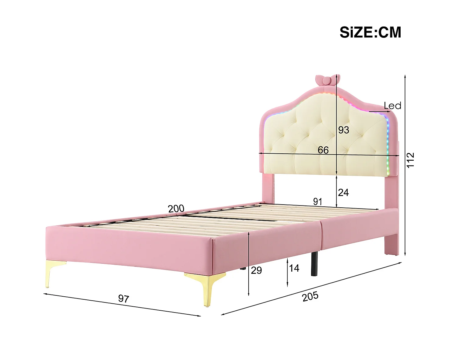 Cama infantil 90x200 cm - Cama tapizada con tira de luz LED - cabecero de pajarita - PU rosa - sin colchón