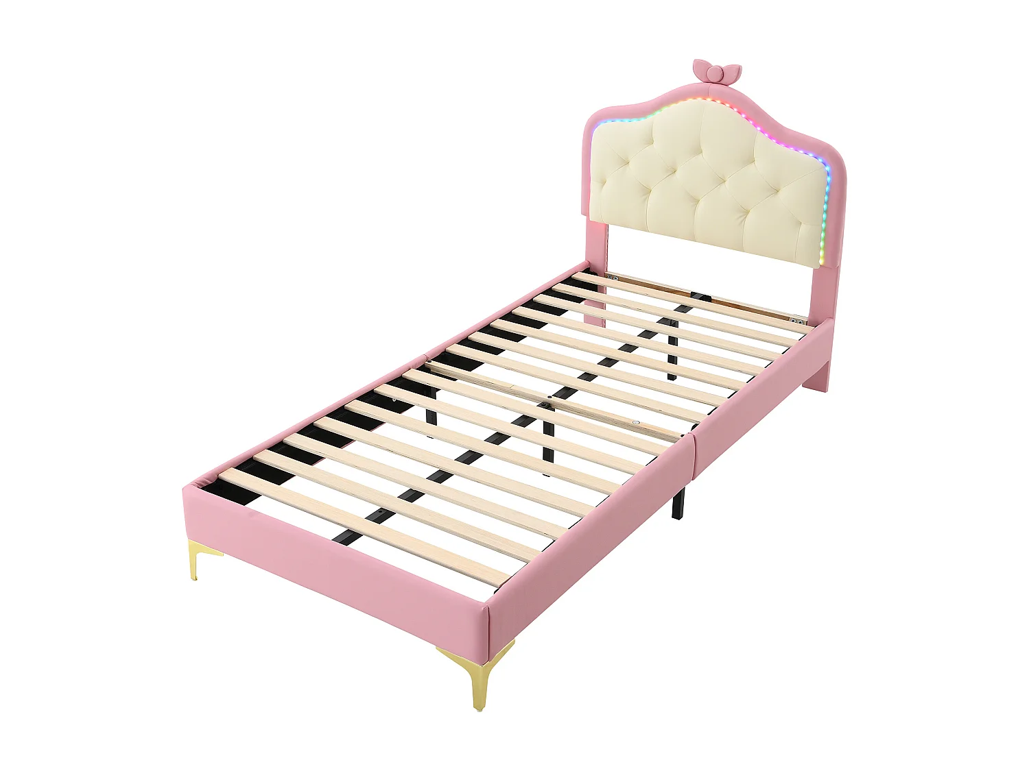Cama infantil 90x200 cm - Cama tapizada con tira de luz LED - cabecero de pajarita - PU rosa - sin colchón