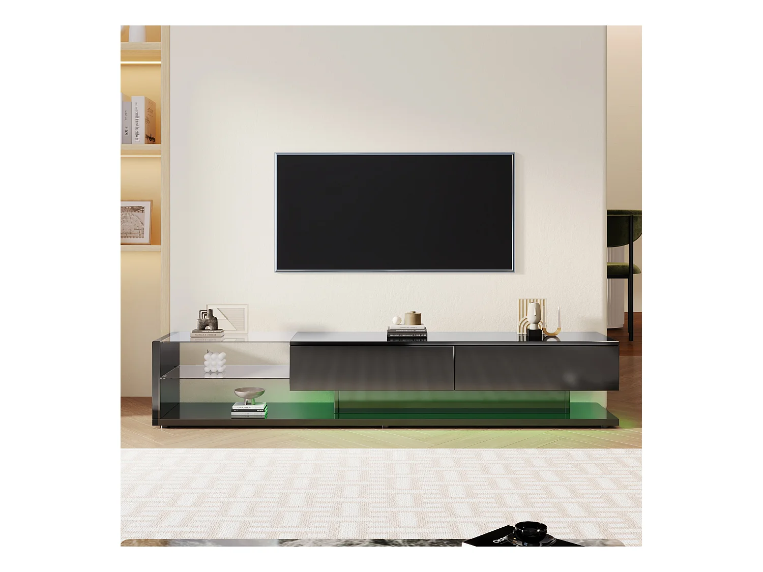 Meuble TV noir - Meuble TV de salon avec éclairage LED orientable - 2 tiroirs et rangement ouvert