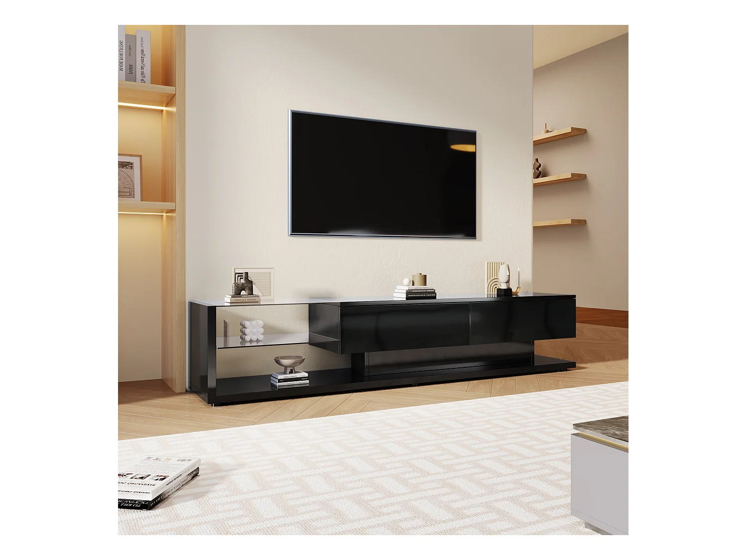 Meuble TV noir - Meuble TV de salon avec éclairage LED orientable - 2 tiroirs et rangement ouvert