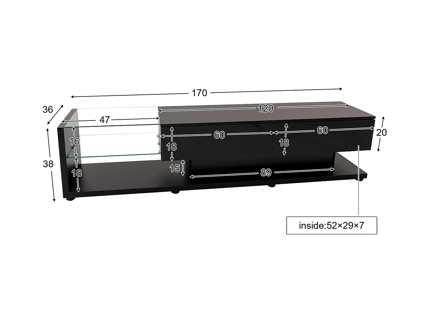 Meuble TV noir - Meuble TV de salon avec éclairage LED orientable - 2 tiroirs et rangement ouvert
