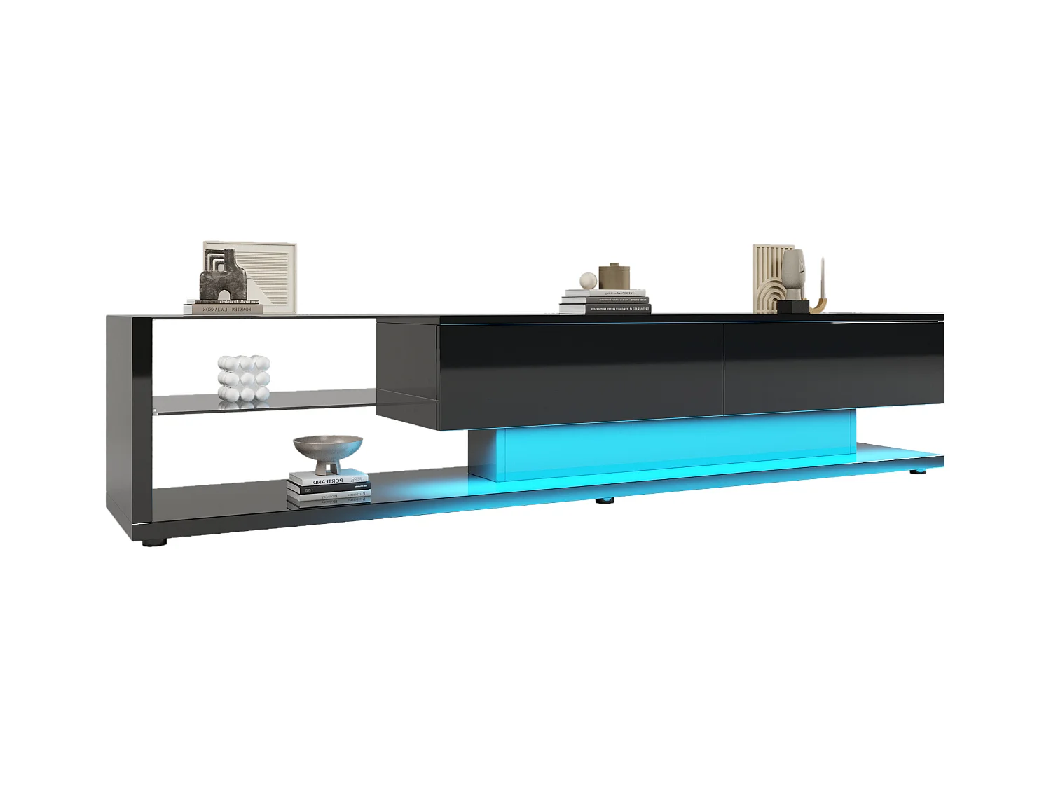 Meuble TV noir - Meuble TV de salon avec éclairage LED orientable - 2 tiroirs et rangement ouvert