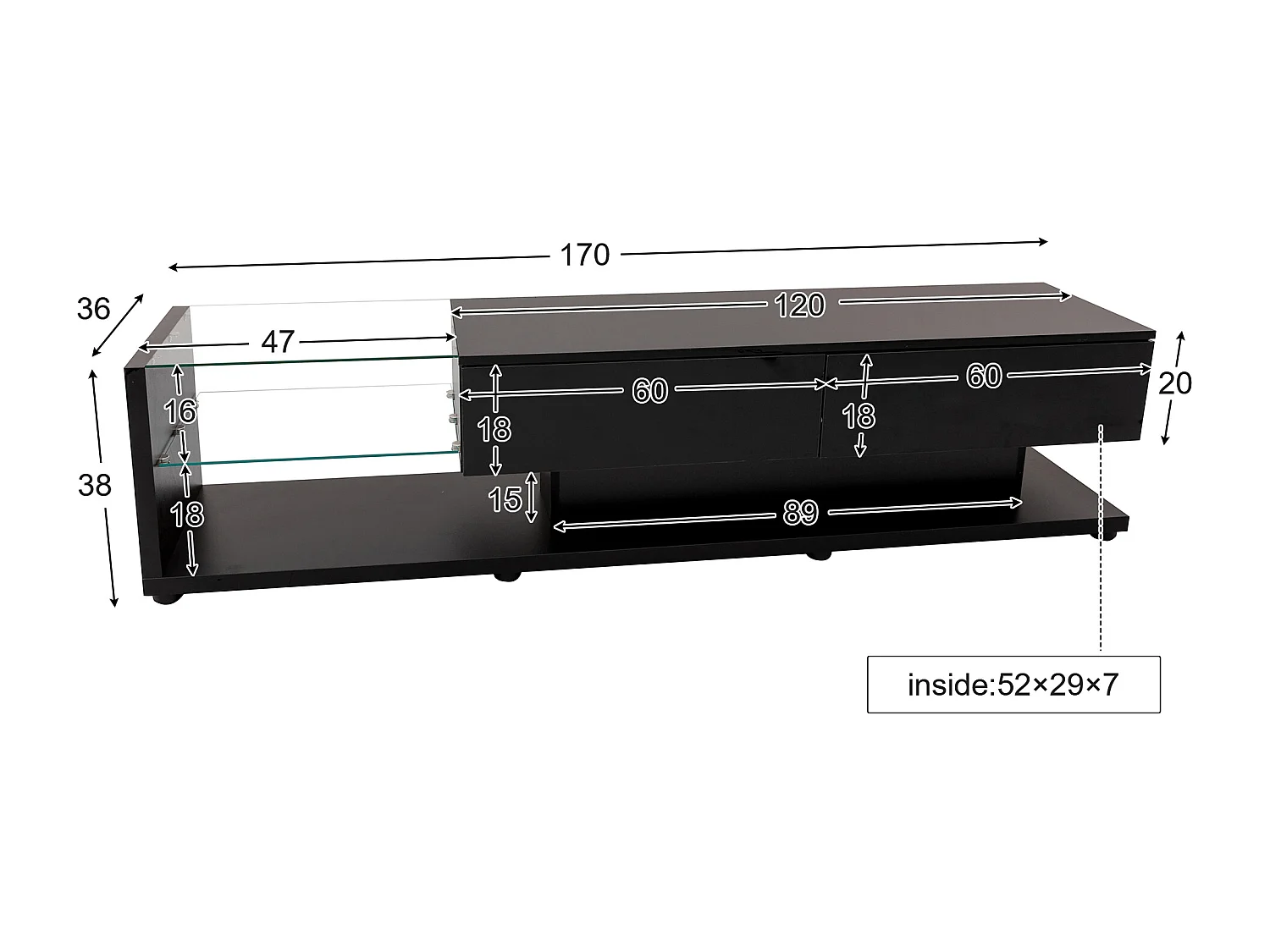 Meuble TV noir - Meuble TV de salon avec éclairage LED orientable - 2 tiroirs et rangement ouvert