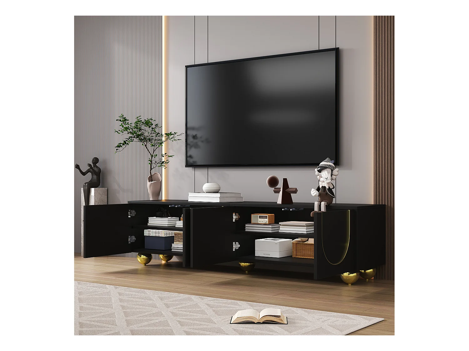 Meuble TV élégant - Meuble TV noir avec 4 portes texturées - pieds ronds dorés - pour salon et chambre