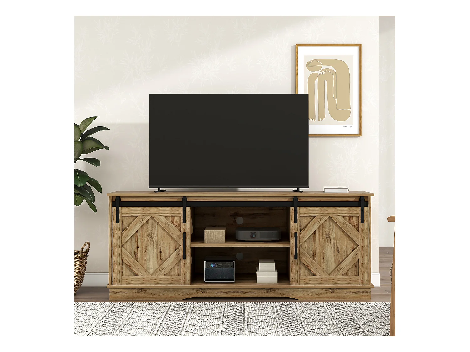 Meuble TV vintage - Meuble TV marron avec 2 portes coulissantes et étagères réglables - pour salon et salle à manger