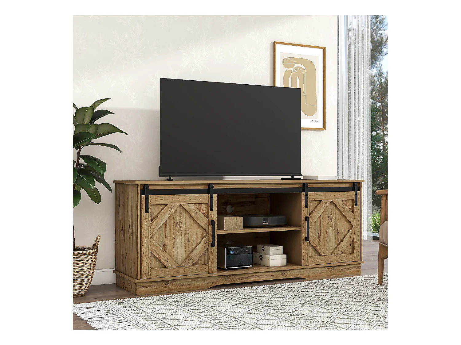 Meuble TV vintage - Meuble TV marron avec 2 portes coulissantes et étagères réglables - pour salon et salle à manger