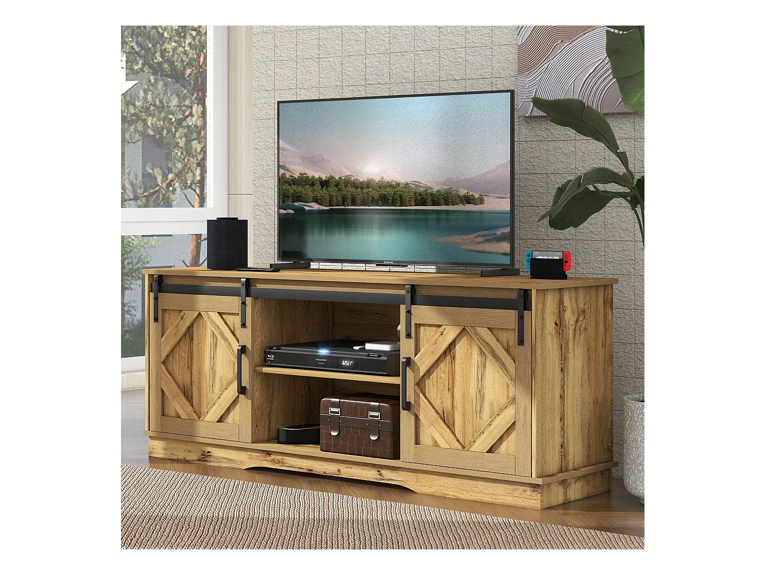 Meuble TV vintage - Meuble TV marron avec 2 portes coulissantes et étagères réglables - pour salon et salle à manger