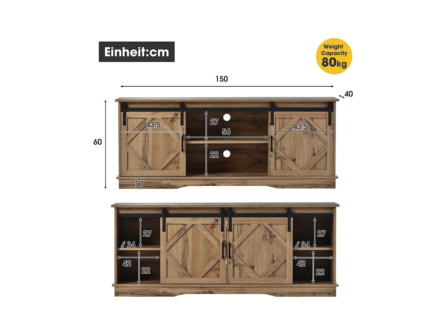 Meuble TV vintage - Meuble TV marron avec 2 portes coulissantes et étagères réglables - pour salon et salle à manger