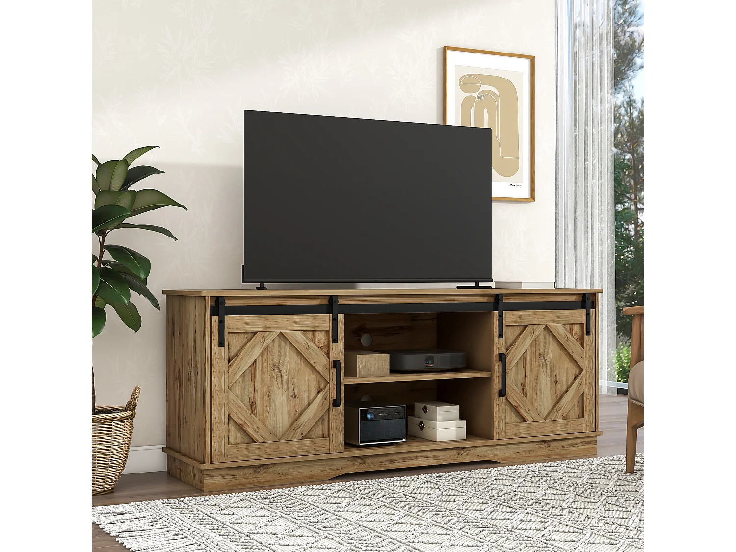 Meuble TV vintage - Meuble TV marron avec 2 portes coulissantes et étagères réglables - pour salon et salle à manger