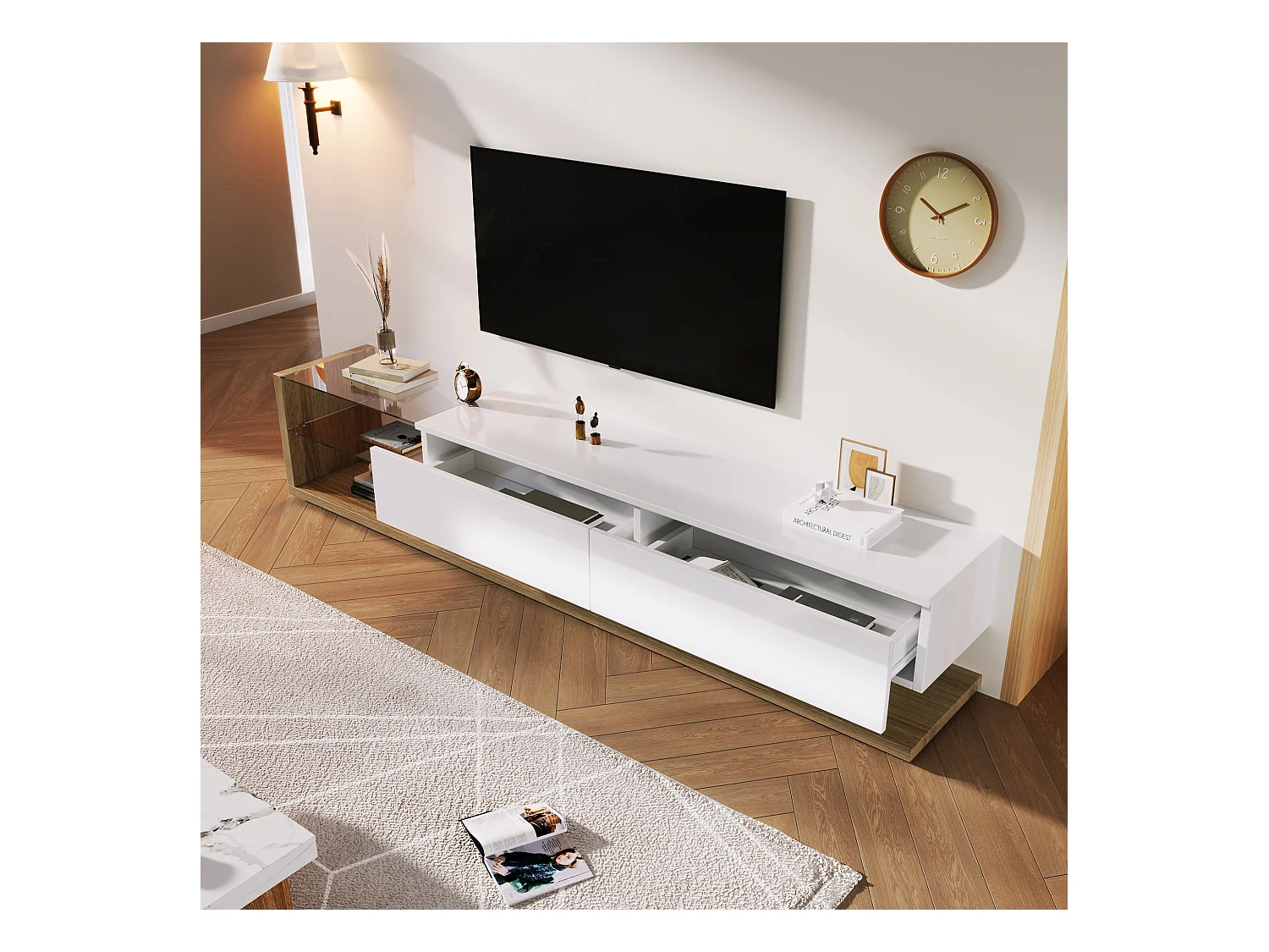 Meuble TV de salon avec éclairage LED orientable - 2 tiroirs et rangement ouvert - couleur bois et blanc