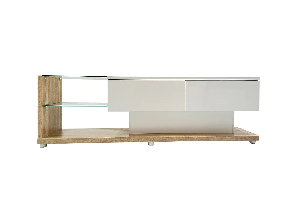 Meuble TV de salon avec éclairage LED orientable - 2 tiroirs et rangement ouvert - couleur bois et blanc