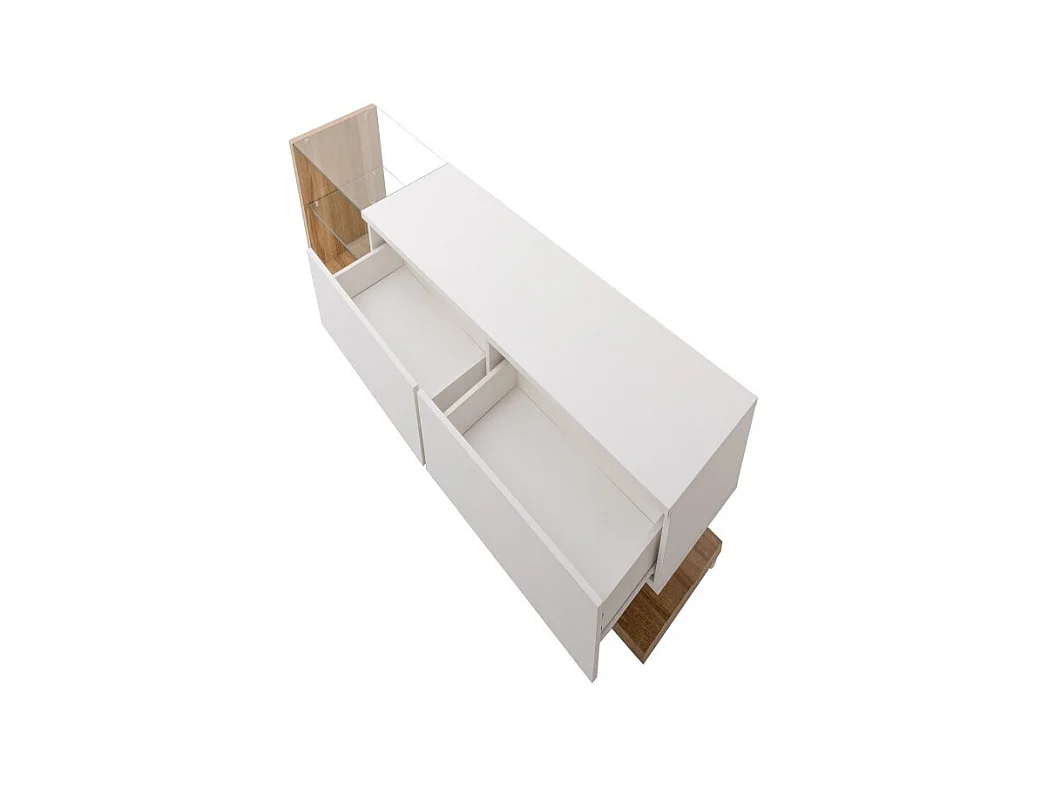 Meuble TV de salon avec éclairage LED orientable - 2 tiroirs et rangement ouvert - couleur bois et blanc