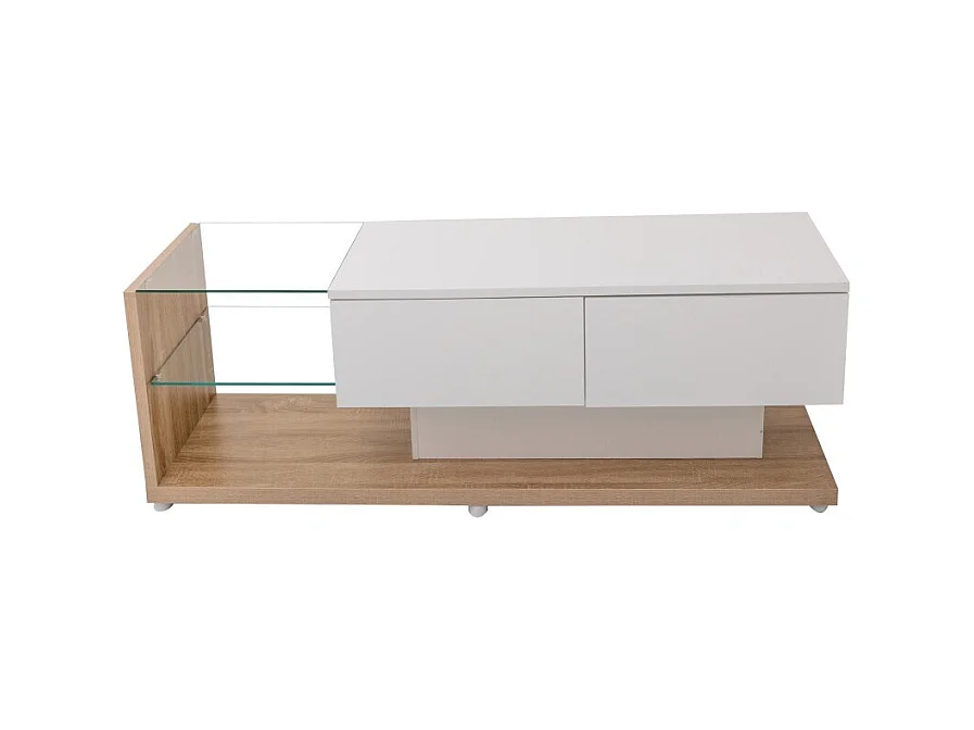 Meuble TV de salon avec éclairage LED orientable - 2 tiroirs et rangement ouvert - couleur bois et blanc