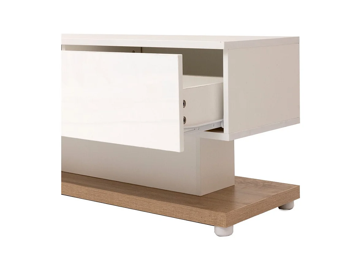 Meuble TV de salon avec éclairage LED orientable - 2 tiroirs et rangement ouvert - couleur bois et blanc