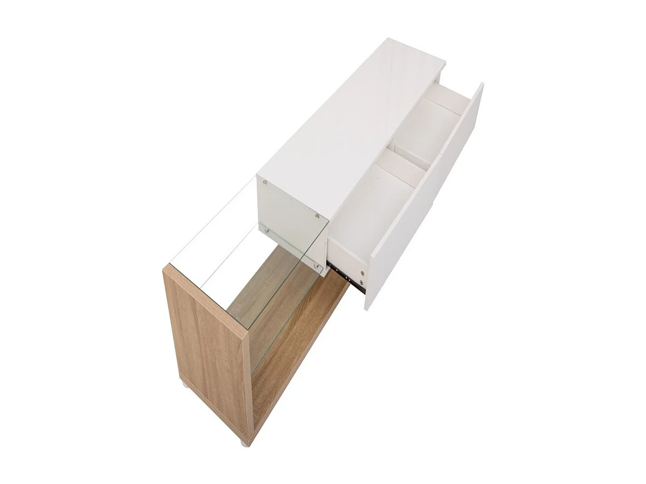 Szafa RTV do salonu z regulowanym oświetleniem LED - 2 szuflady i otwarta przestrzeń do przechowywania - Kolor drewna i biel