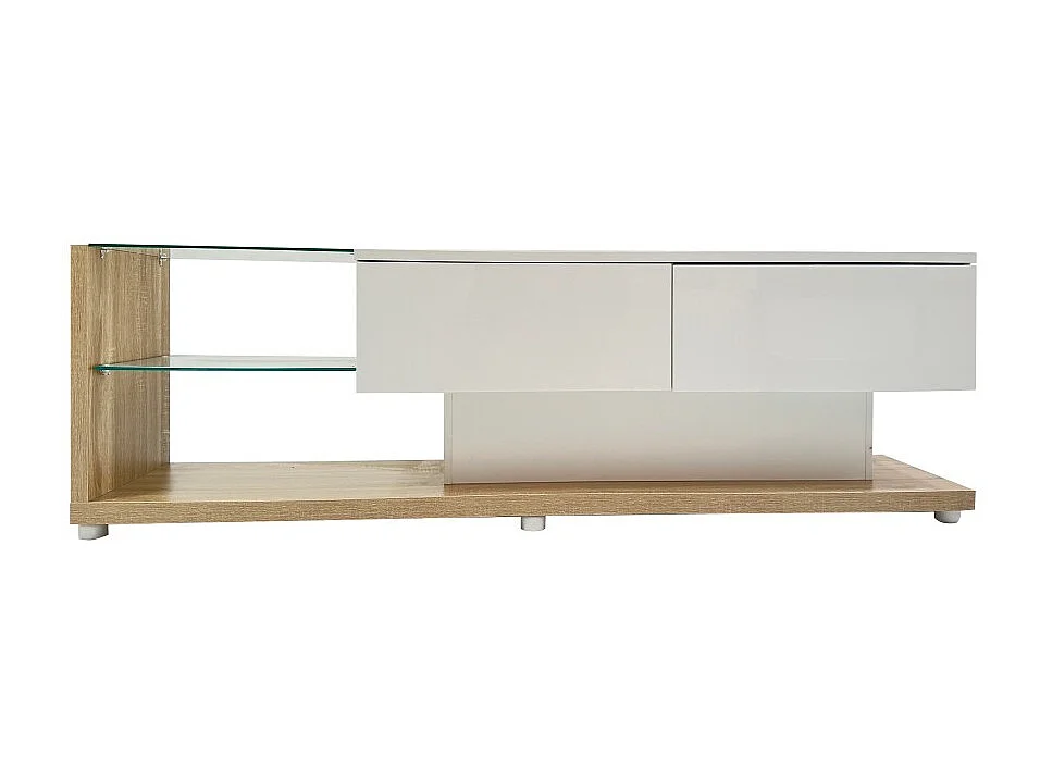 Szafa RTV do salonu z regulowanym oświetleniem LED - 2 szuflady i otwarta przestrzeń do przechowywania - Kolor drewna i biel