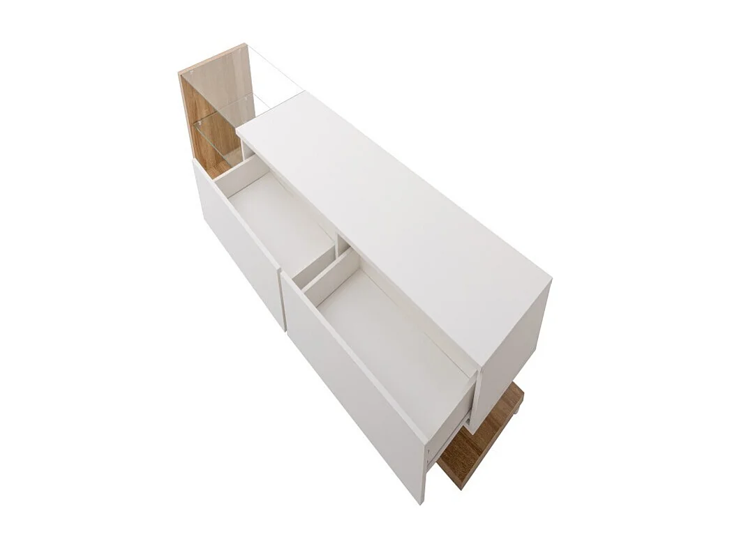 Szafa RTV do salonu z regulowanym oświetleniem LED - 2 szuflady i otwarta przestrzeń do przechowywania - Kolor drewna i biel