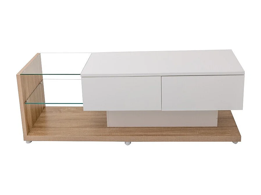 Szafa RTV do salonu z regulowanym oświetleniem LED - 2 szuflady i otwarta przestrzeń do przechowywania - Kolor drewna i biel