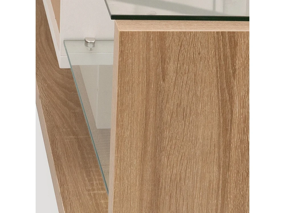 Szafa RTV do salonu z regulowanym oświetleniem LED - 2 szuflady i otwarta przestrzeń do przechowywania - Kolor drewna i biel