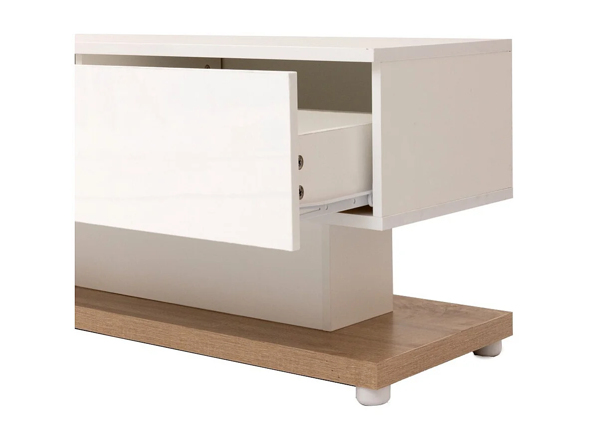 Szafa RTV do salonu z regulowanym oświetleniem LED - 2 szuflady i otwarta przestrzeń do przechowywania - Kolor drewna i biel