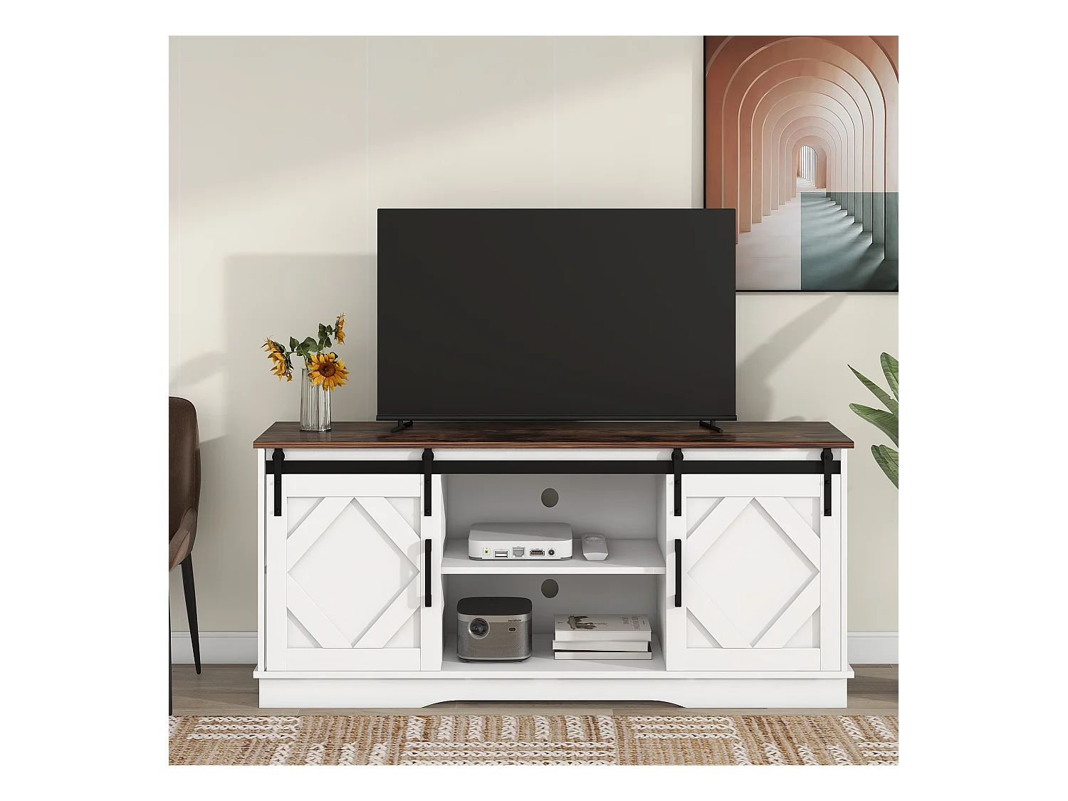 Meuble TV moderne - Meuble TV blanc avec 2 portes coulissantes et étagères réglables - pour salon et salle à manger