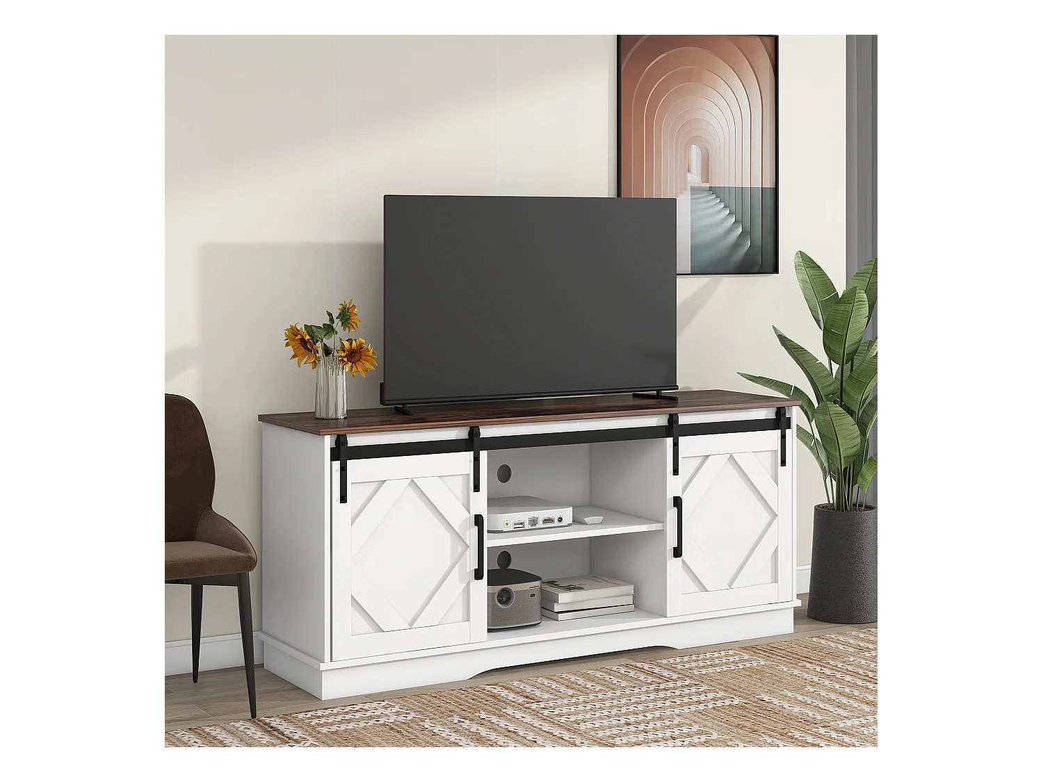 Meuble TV moderne - Meuble TV blanc avec 2 portes coulissantes et étagères réglables - pour salon et salle à manger