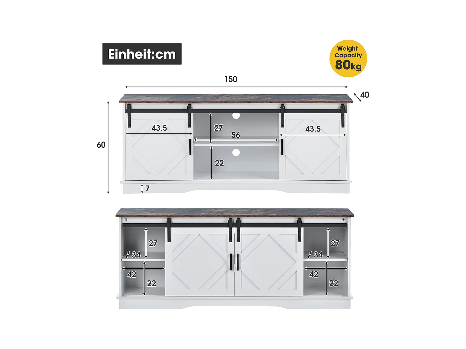 Meuble TV moderne - Meuble TV blanc avec 2 portes coulissantes et étagères réglables - pour salon et salle à manger
