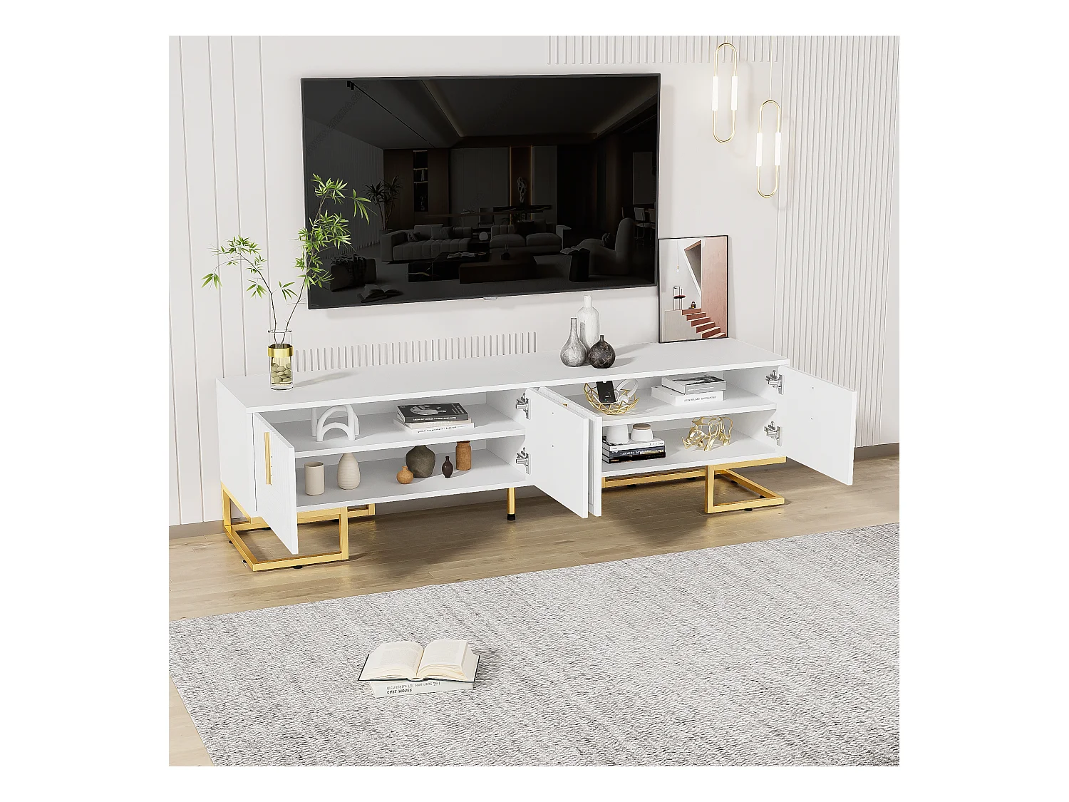 Meuble TV blanc avec 4 portes texturées - Meuble TV de salon - poignées et pieds dorés