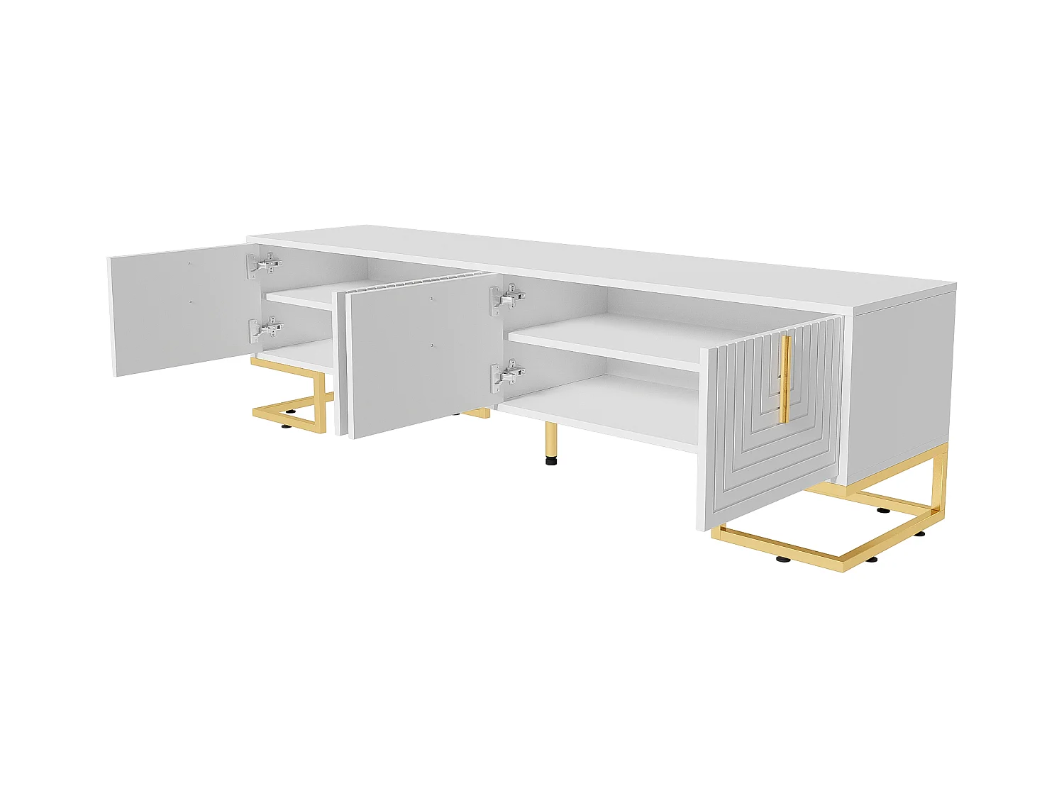 Meuble TV blanc avec 4 portes texturées - Meuble TV de salon - poignées et pieds dorés