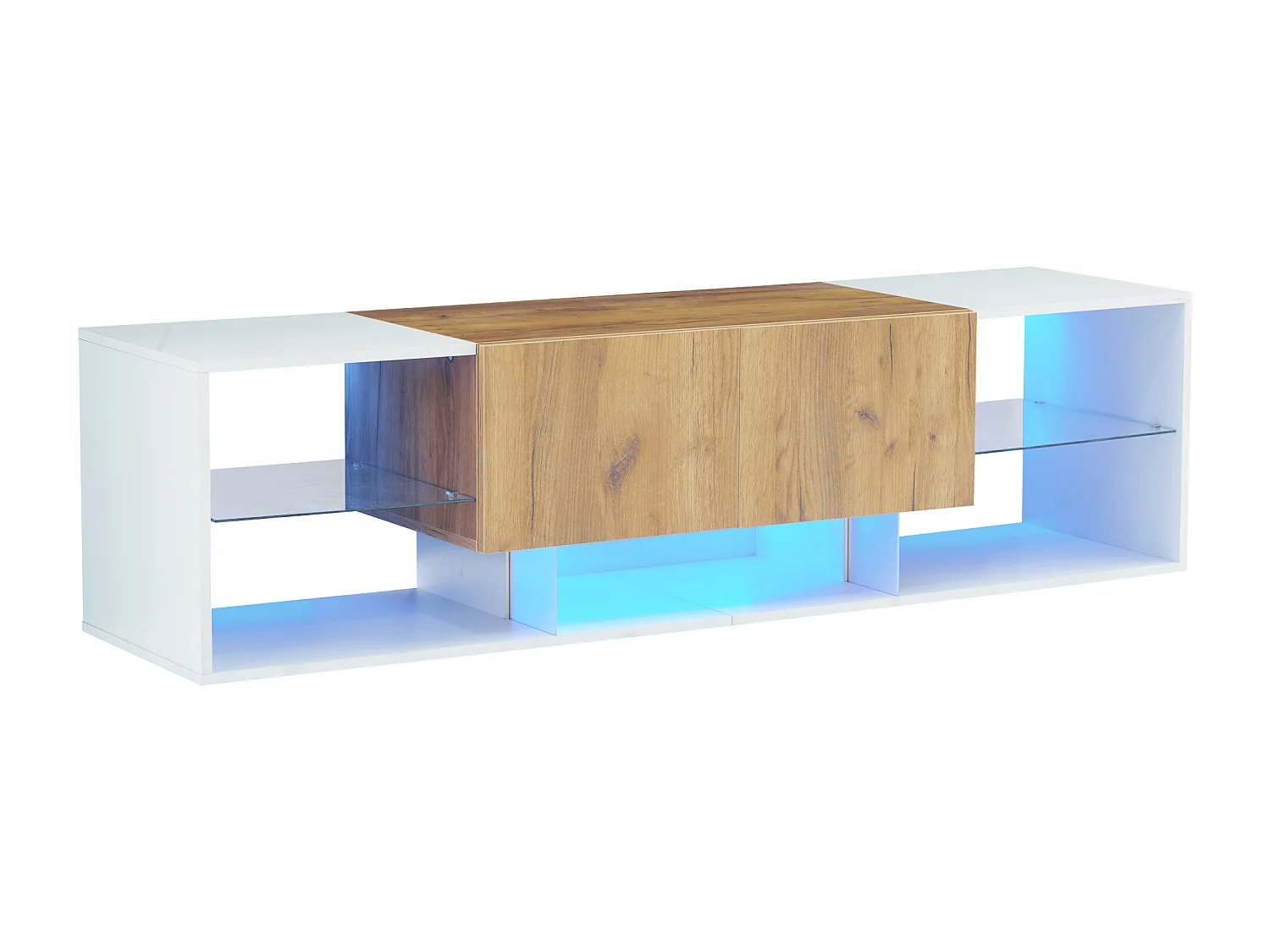 Meuble TV moderne - Meuble TV blanc avec éclairage LED - 2 tiroirs de rangement - pour salon et chambre