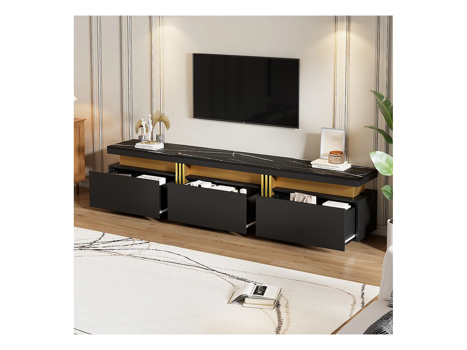 Meuble TV rectangulaire - Meuble TV avec 3 tiroirs individuels et 1 passe-câbles - pour téléviseurs jusqu'à 90 pouces - noir