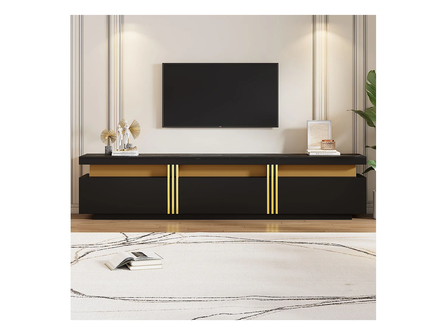 Meuble TV rectangulaire - Meuble TV avec 3 tiroirs individuels et 1 passe-câbles - pour téléviseurs jusqu'à 90 pouces - noir