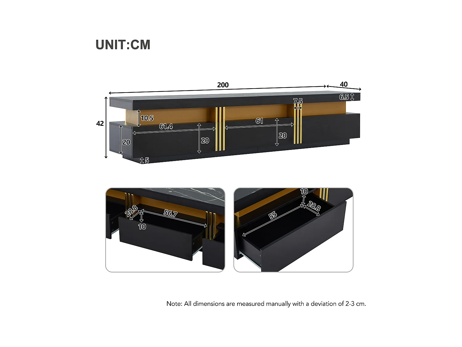Meuble TV rectangulaire - Meuble TV avec 3 tiroirs individuels et 1 passe-câbles - pour téléviseurs jusqu'à 90 pouces - noir